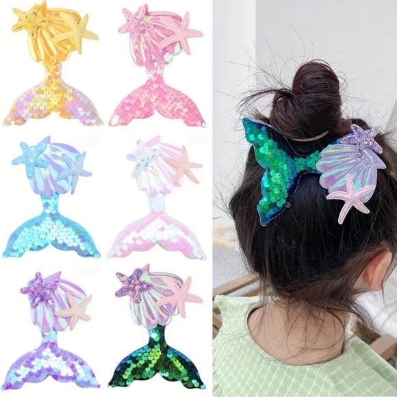 Mermaid Hair Accessories set of 6 Clip On Sequin Mermaid Tail Clips - Picture 4 of 16